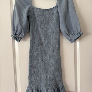 Blue Smocked Puff Sleeve Dress